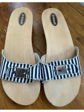Dr. Scholl's Navy and White Striped Slide Sandals with Buckle Sz 10